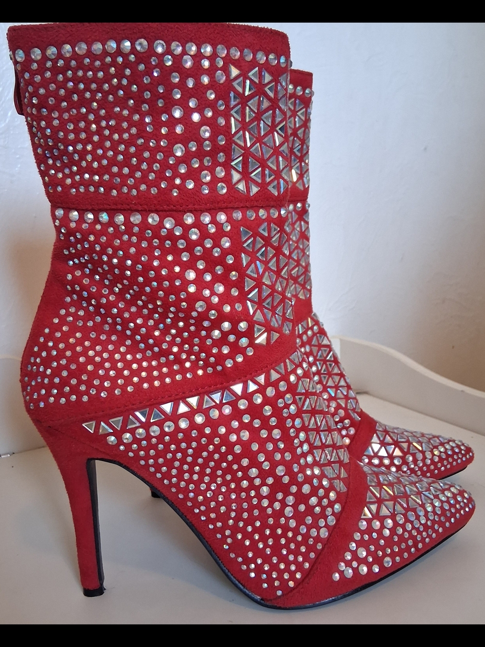 Red Embellished High Heel Ankle Boots